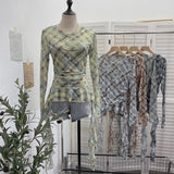 Double-Layer Mesh Lattice Waist Fold Irregular Hem With Long-Sleeved Top Repair T-Shirt 15671