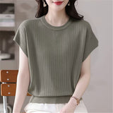 2026 Round Collar Summer New Large Size Women's Loose Knitted Shirt Short-Sleeved Fat Mm Thin Top
