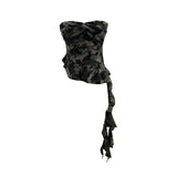 Vintage Camouflage Brat Vest Female Niche Irregular Ribbon Hole Babes Y2k Sleeveless Top 1229