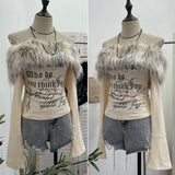 Real Shot Hair Collar Print Shoulder Horn Long-Sleeved T-Shirt Repair Short Picties Shoulder Grinding Top 1368