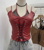 Real Shooting Locomotive Punk Pu Splicing Fishing Net Hanging Neck Sling Vest Babes Wearing Rope Repair Short Blouse 8106