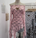 Vintage One-Word Shoulder Long-Sleeved T-Shirt Babes Net Embroidery Irregular Ribbon Dress 12901