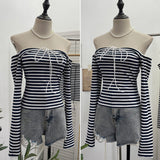 Real Shooting Design With A Word Shoulder Striped Strapped T-Shirt For Women's Spring Long-Sleeved And Shoulder-To-Shoulder Short-Sized Top 8026