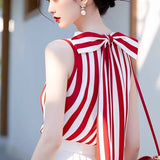Korean Chic Red Striped Sleeveless Shirt Women's Summer Atmosphere High-End Chic Beautiful Bow Strapped Clothes