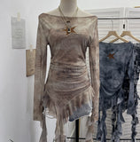 Vintage One-Word Shoulder Long-Sleeved T-Shirt Babes Net Embroidery Irregular Ribbon Dress 12901