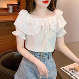 French Temperament Lotus Leaf Blouse Women 2026 Summer Design Chic Drawstring Shirt Niche Bubble Sleeve Chiffon Shirt