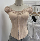 Real Shot Lace Splicing Mesh Yarn Bra Vest Summer Hook Buckle Fish Bone Girded Short Shirt 2878