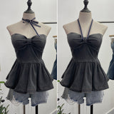 Real Shot With Chest Cushion Denim Sling Vest With Bow Hanging Neck Short Twiping Boat Blouse Woman 2611
