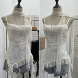 Real-Shooting Lace Splicing Irregular Lotus Leaf Edge Ribbon Sling Vest Round Neck Sexy Sleeveless Top 1218