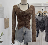 Hanging Neck Tie With Fake Two-Piece Mesh Printed Long-Sleeved Top Irregular Folding Repair Short T-Shirt 8877