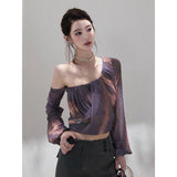 Slim Thin Top Sexy Slanted Shoulder Hottie Top Design Women's Summer Sunscreen Shirt Women Long-Sleeved T-Shirt Thin