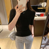 Don't Hit The Pink Round Collar Straight Shoulder T-Shirt For Women's Summer Commute New Slim Slimmed-Sleeved Top