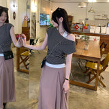 One-Word Shoulder Stripe Hanging Neck And Two Open-Shouldered Short-Sleeved T-Shirts For Women's Summer 2026 New Design Feel Korean Top
