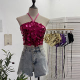 Heavy Industry Bling Bling Glide Hanging Neck Sling Vest One-Style Wrapping Tie With Large Bare Back Blouse 1083
