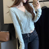 Sweet Babes V Tie With Long-Sleeved Knitted Shirt Girls Autumn New Wooden Ear Splicing Short Thin Niche Tops