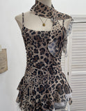 Leopard-Print Spliced Lace Ribbon Hanging Neck Irregular Sling Vest Sleeveless Top 1852