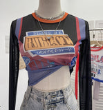 Real-Patted Letter-Print Mesh Yarn Women's Summer Thin Single-Layer Perspective Sunscreen Hooded Short T-Shirt 50235