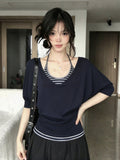 Korean Niche Middle-Sleeved T-Shirt Women Wear Hanging Neck Striped Vest In Summer Slim Top Two Sets