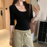 Lyselle Tians Summer Commute Beautiful Black U-Neck Middle-Sleeved T-Shirt Woman 2025 New Unique Beautiful Little Top