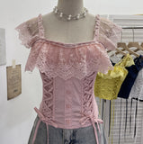 Real Shot Lace Spliced Fish Bone Girded Waist Sling Vest Female Summer With Chest Pad Wearing Rope Strap Bra Blouse 2863