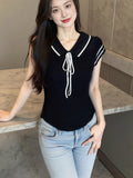 College Summer New Striped Tiling With Short-Sleeved Design Bow Sweet Age-Sleeved Knitting Top