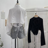 Dark Belted Long-Sleeved Shirt Women's Spring And Autumn Collar Rope Sleeves Contour Shaped Short Top 2775