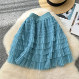 Hepburn Style Simple Solid Color Mesh Dress High Waist Tight Thin Design Careful Hot Girl Cake Skirt