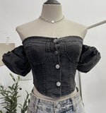 Real Shot Shoulder Bubble Short Sleeves Denim Shirt Design Hot Girl Collar Small Short Top 2530