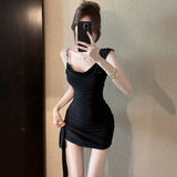 Sexy Swing Collar Irregular Sling Dress Small Black Dress Girl French Sweet Spicy High-End Dress Bag Hip Skirt Summer