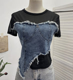 Solid Shooting Denim Splicing Mesh Yarn Short-Sleeved T-Shirt Summer Dress Irregularly Short High-Waist Repair Body Coat 26171