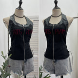 Real Shooting Babes Hanging Neck Pu Embroidered Sling Sling Vest One-Swaive Zipper Short Sleeveless Top 1366