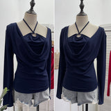 Real Shooting Explosion Hanging Neck Hollow Two Collar Long-Sleeved T-Shirt Folded Bottom Shirt 2769