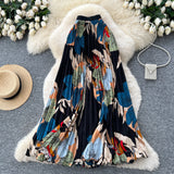 Vintage Print 100 Folds Loose Waist Fashion Half-Dress Women High-Waist A Skirt Commuting Big Hanging Long Skirt Summer