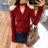 Lazy High-End Feeling Hanging Neck Long-Sleeved Knitted Shirt Autumn 2025 New Big Look Light French Lame Shoulder Coat