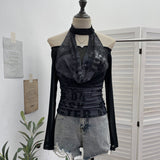 Vintage Hottie Hanging Neck A Word Shoulder Collar Long Sleeve Mesh Yarn T-Shirt 1331
