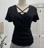 Real Shooting Cross-Design Hanging Neck Beads Folded Emptiness T-Shirts For Women's Sense Of Fake Two-Piece Top 27671