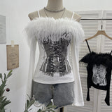 Two-Word Shoulder Hair Spliced Sling With Long-Sleeved Grinding T-Shirt T-Shirt Print Hollow Top 1367