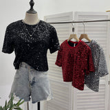 Red Lidg Short-Sleeved T-Shirt Woman 2025 Spring Dresses Loose Lime Bling Blouse 1059