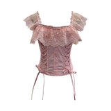 Real Shot Lace Spliced Fish Bone Girded Waist Sling Vest Female Summer With Chest Pad Wearing Rope Strap Bra Blouse 2863