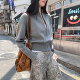 Super Good-Looking Gray Short Sweater Cardigan Jacket Women Autumn 2025 New High-End Collar Knitted Shirt Top