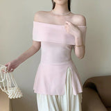 2026 Summer New Korean High-End Pure Wind Paper People Open A Word Shoulder Knitted Shirt Top