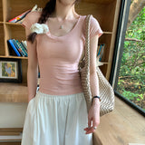Super Good Korean Niche U-Neck Sleeveless Shoulder T-Shirt Girl 2025 Summer New Thin Slim Slim Blouse