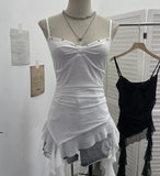 Real Shooting Thrombial Rivet Sling Skirt Design Lotus Side Ribbon Ribbon Vest Dye Net Yarn Sleeveless Top Lady 1275