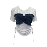 Fake Two Denim Hair Side Spliced Short-Sleeved T-Shirt Side-Swaist Lace With Short Repair Body Coat 26302