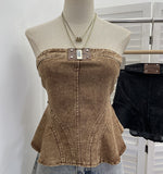 Real Shooting Of The Female Jeans Breast 2026 New Split Press Line To Close The Waist A Swing Vest Short Sleeveless Top 828