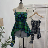 Real Shooting Irregular Skirt Lattice Sling Vest Women's Summer Design Sleeveless Top 9151