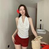 Pure Hot Babes Collared Body Hanging Neck Small Vest Woman 2025 Summer Leisure Design Folds On Thin Clothes