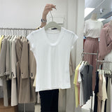 Hot Sales Simple Solid Color T-Shirt Girl Xia Slimming Fashion Big U Collar Short Elastic Bottom Top