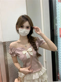 One-Word Shoulder Knitted T-Shirt Women's Short-Sleeved Summer French Bow Irregularly Repaired Waist Short-Scared Shawl