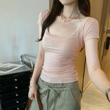 Lyselle Silk Wool Thin Pure Windy Pink U Collar Shoulder Short-Sleeved T-Shirt Women 2025 New Beautiful Top